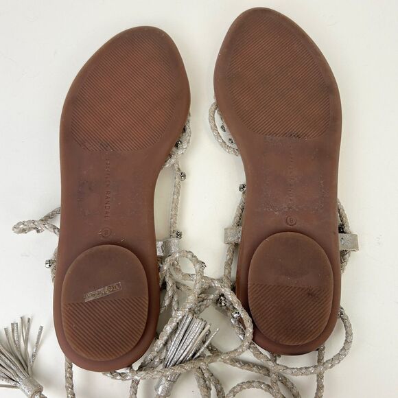 LOEFFLER RANDALL Bo Crystal Embellished Braided Ankle Tie Sandals Metallic Sz 8 - Picture 11 of 14